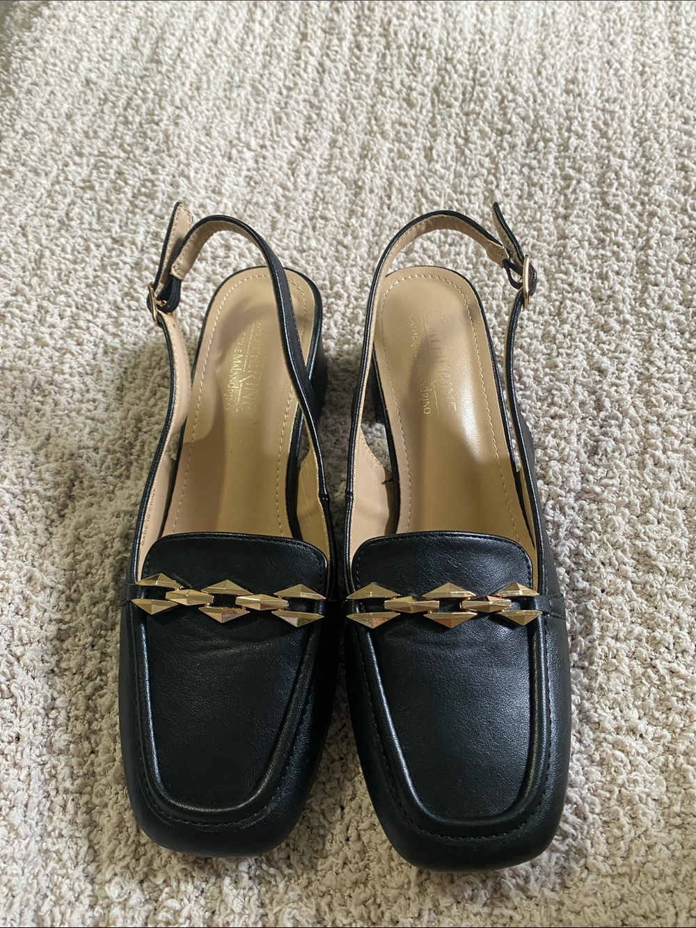 Black Slingback Loafer Heels with Gold Chain Detail